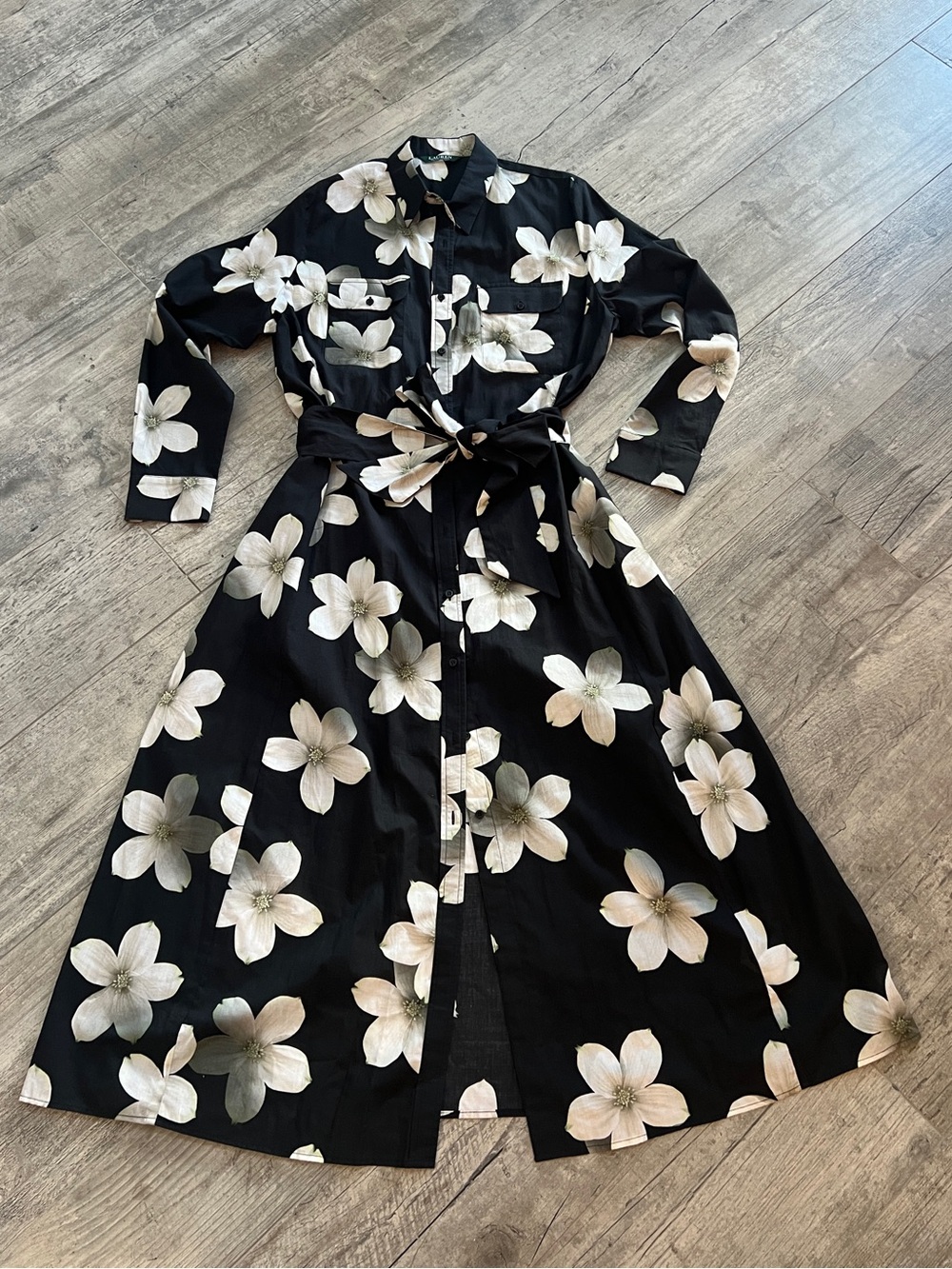 Ralph Lauren 100% Cotton Black Maxi Shirt Dress w/ White Floral Print Sz L NWOT
